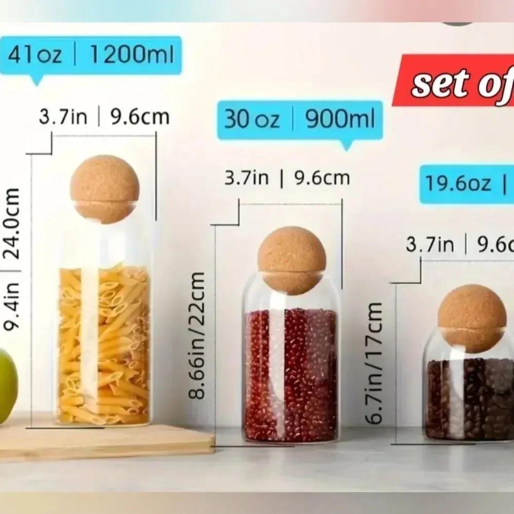 Clear Glass Canisters with Cork Ball Lids - Set of 3